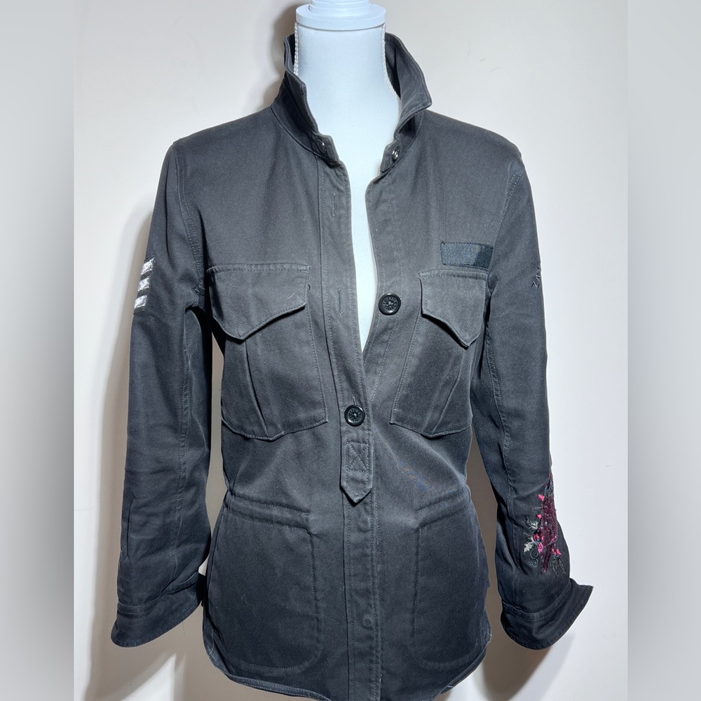 Zadig & Voltaire Black Cotton Military Style Jacket w Embroidery Size Small